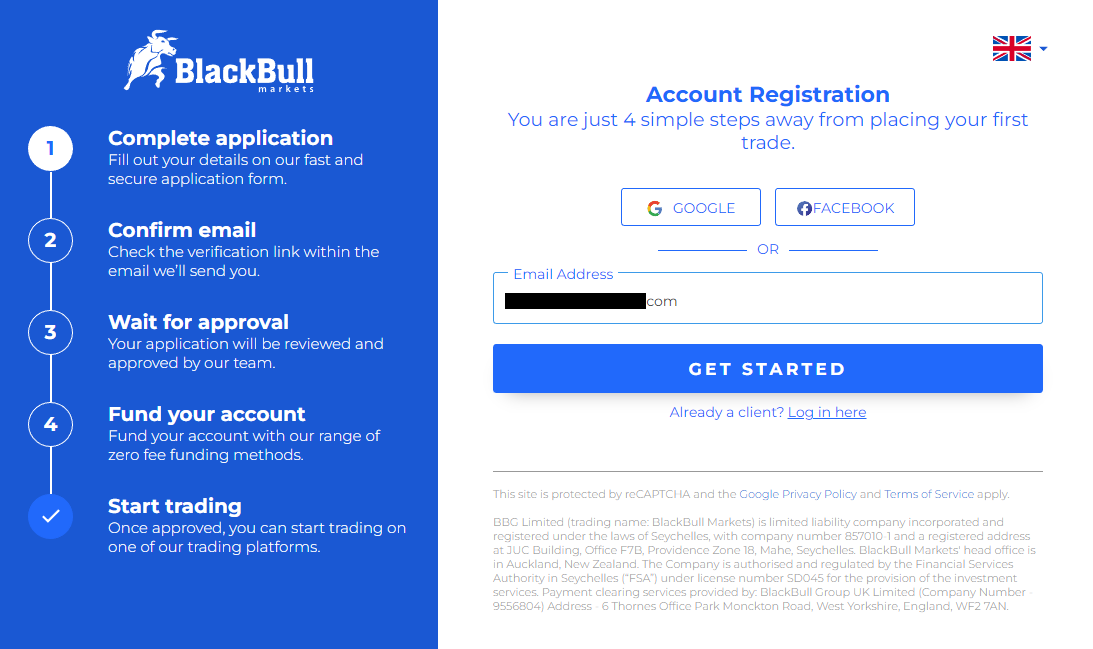 Войти в Личный кабинет BlackBull Markets можно через аккаунт в Google или Facebook