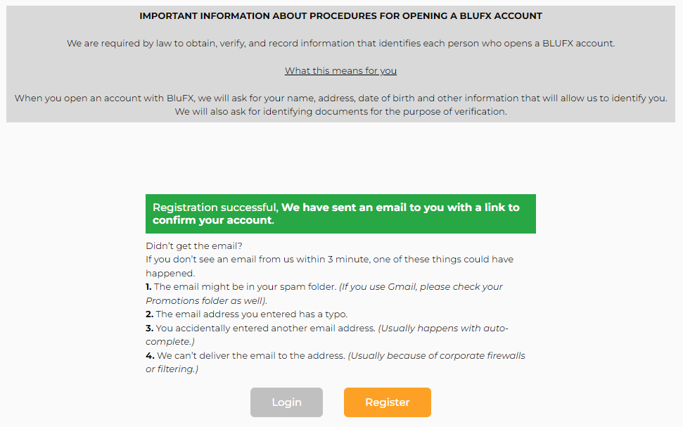Обзор BluFX - Подтверждение регистрации по имейл