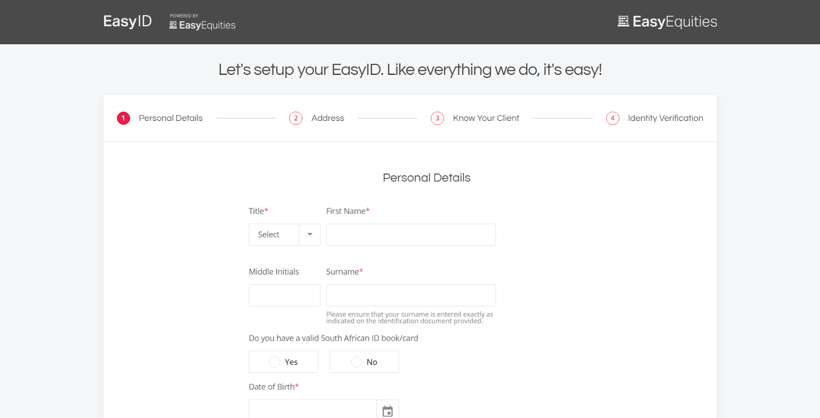 Обзор Easy Equities - Заполнение персональных данных
