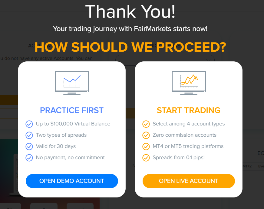 Обзор FairMarkets - Выбор типа счета