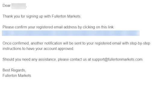 Обзор Fullerton Markets — Подтверждение регистрации в e-mail