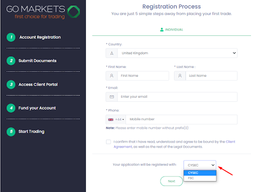 Обзор GO Markets — Заполнение регистрационной формы