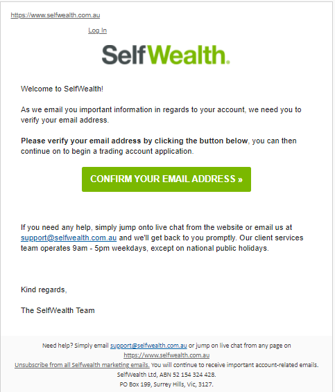 Обзор SelfWealth - Подтверждение электронного адреса