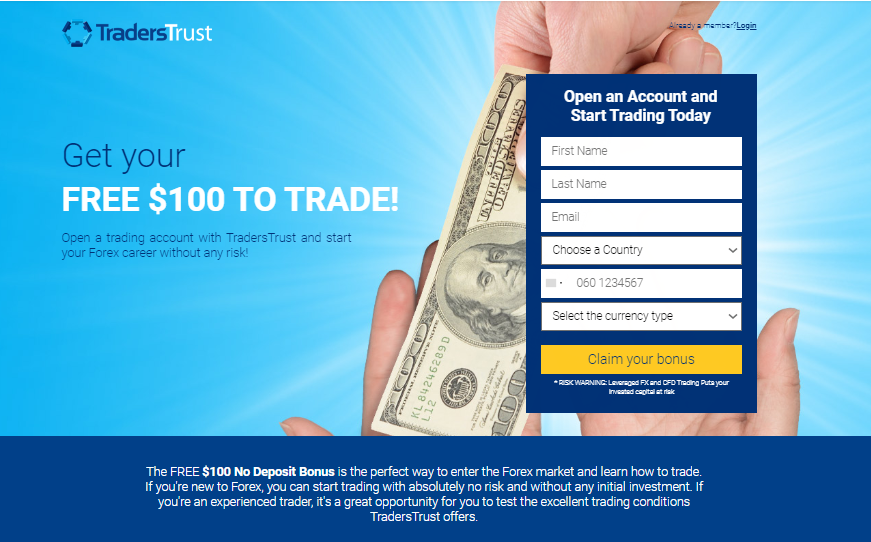 Бонусы Traders Trust - $100 No Deposit Bonus