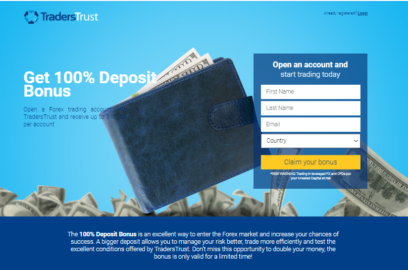 Бонусы Traders Trust - 100% Deposit Bonus