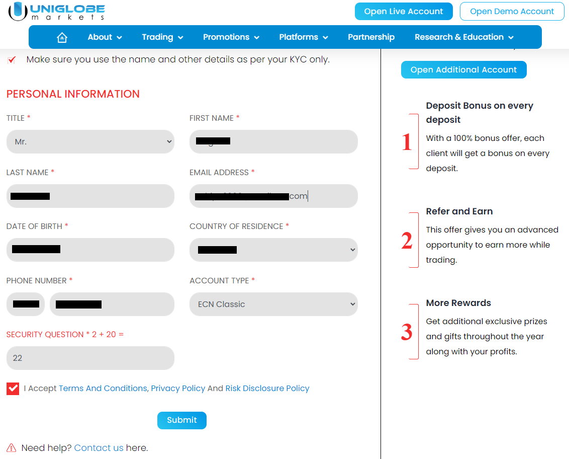 Обзор Uniglobe Markets - Заполнение регистрационной формы