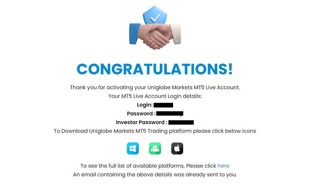 Обзор Uniglobe Markets - Подтверждение регистрации по имейл
