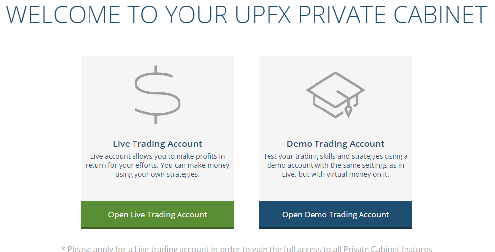 Обзор UpFX - Выбор типа счета