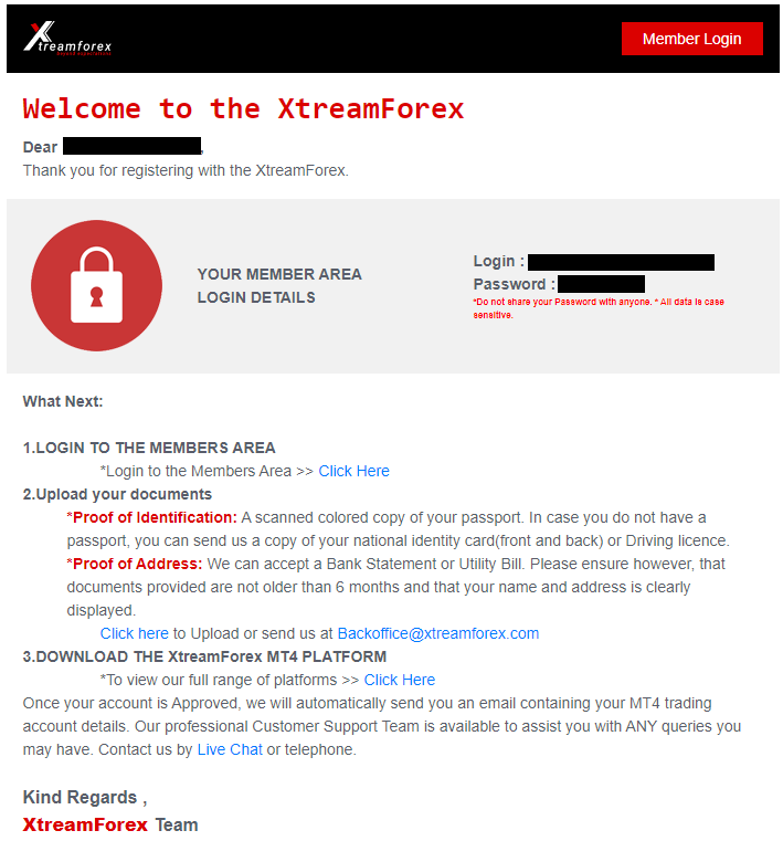 Обзор XtreamForex - Приветственное письмо с доступами по имейл
