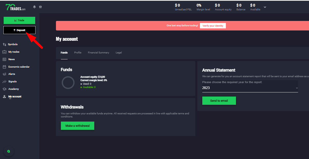 Обзор 70Trades — Внесение средств на счет