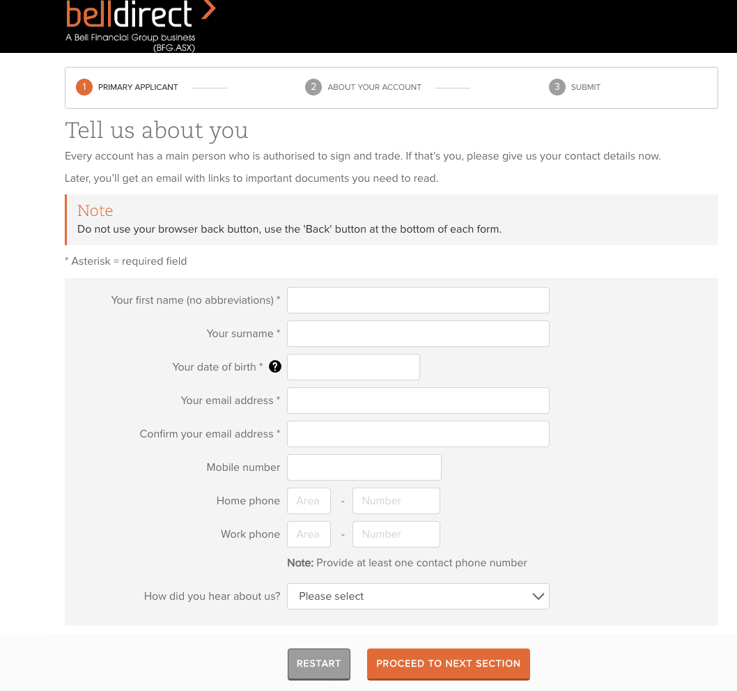Обзор Bell Direct — Форма регистрации