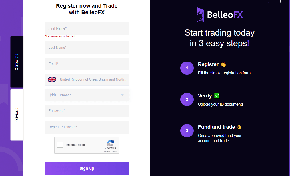 Обзор BelleoFX — Форма регистрации