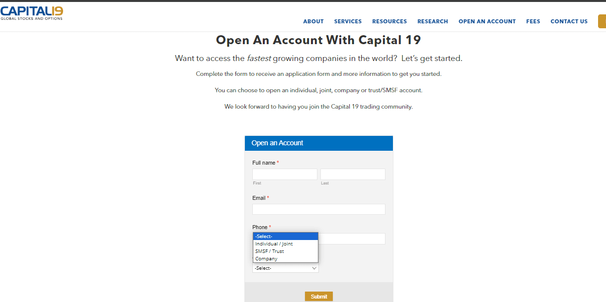 Обзор Capital 19 — Заявка на открытие счета