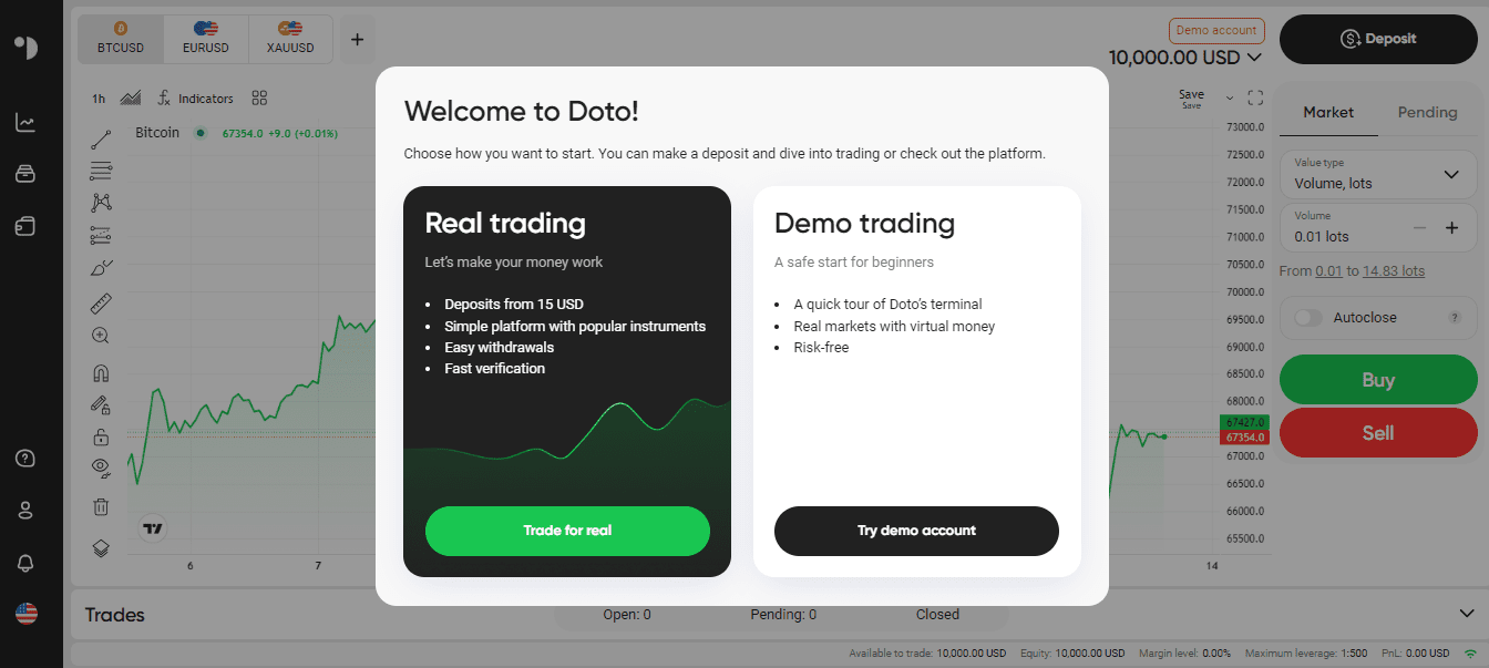 Обзор DOTO - Открытие счета