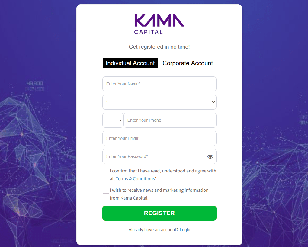 Обзор Kama Capital — Заполнение регистрационной анкеты