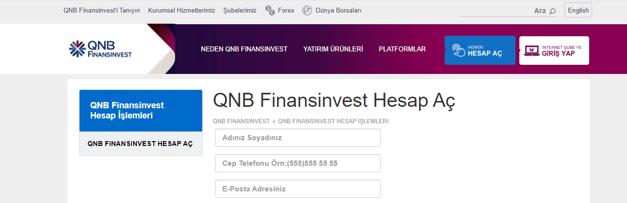 Обзор QNB Finansinvest — Форма регистрации