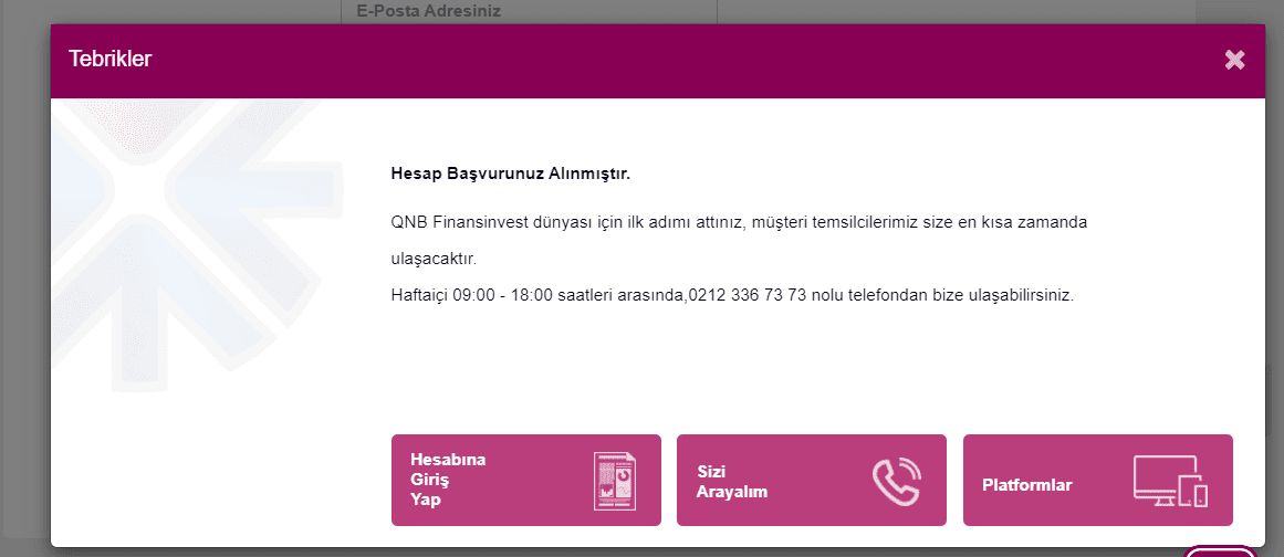Обзор QNB Finansinvest - Подтверждение открытия счета