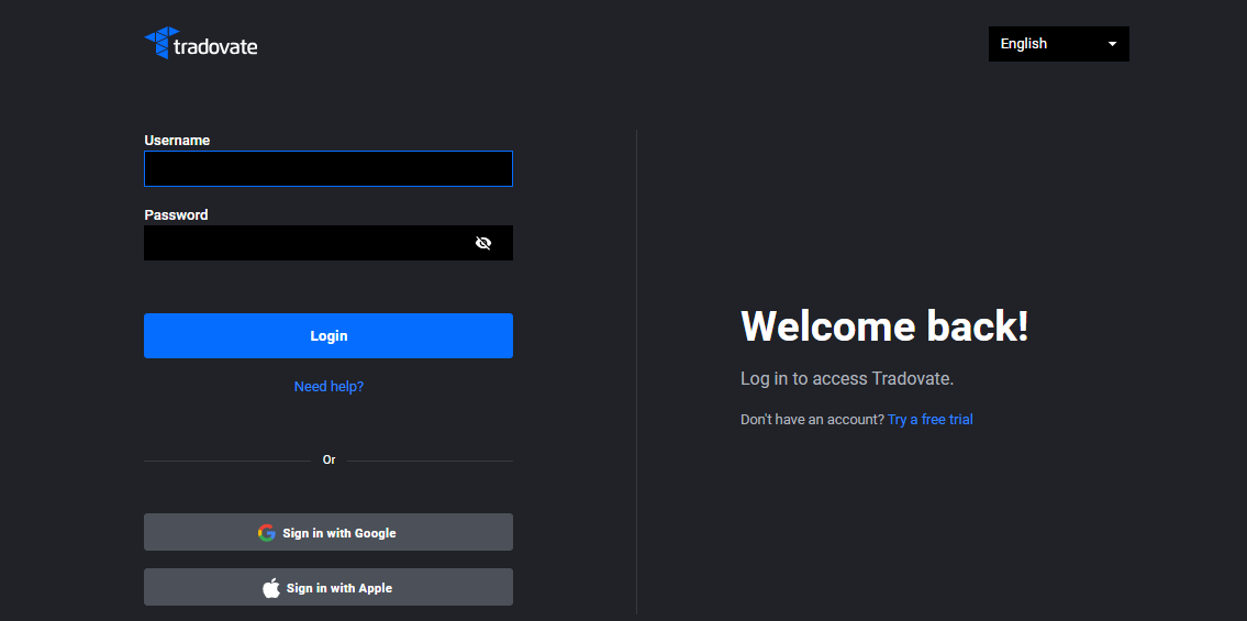 Обзор Tradovate — Авторизация в личном кабинете