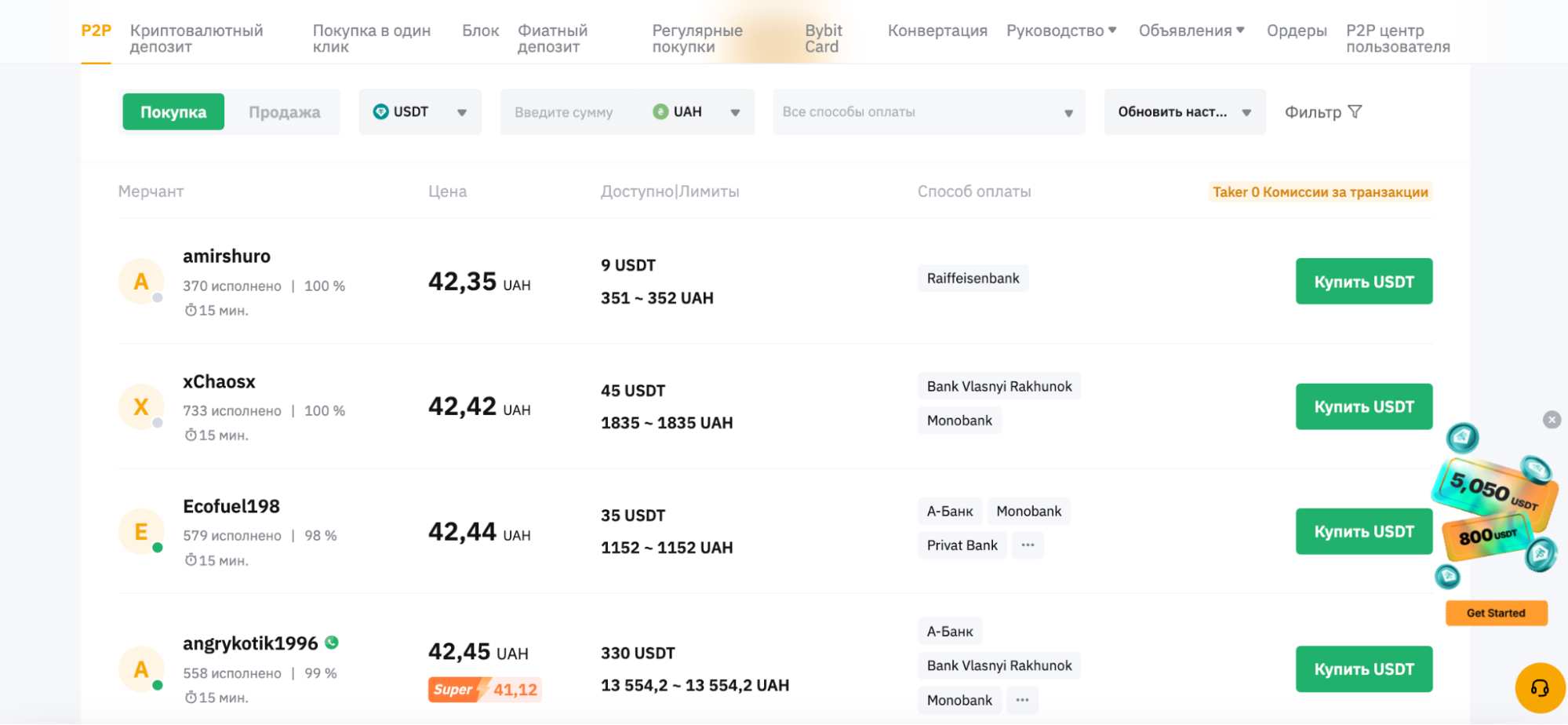 Страница Р2Р-обмена на сайте Bybit