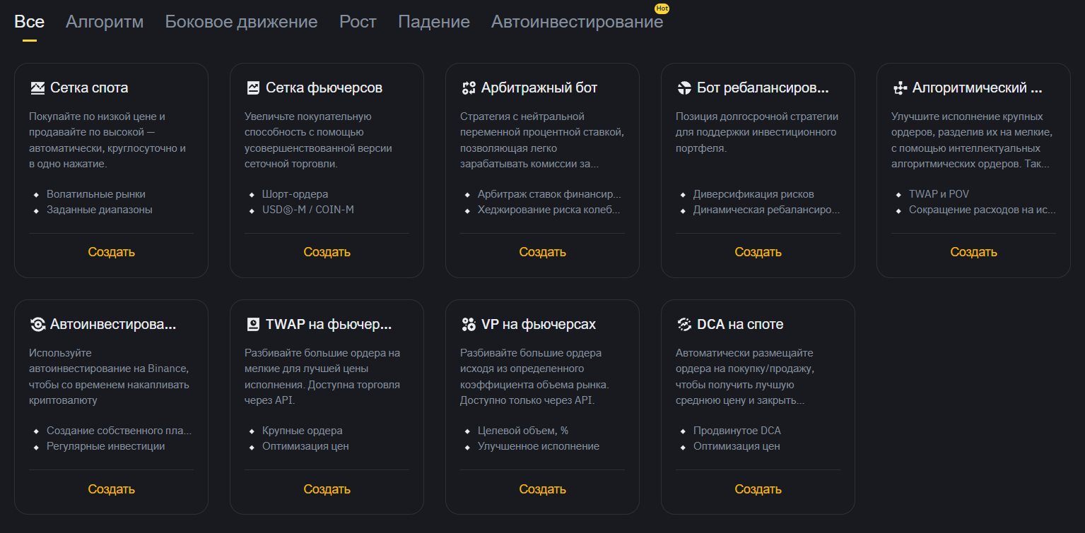 Типы ботов на Binance