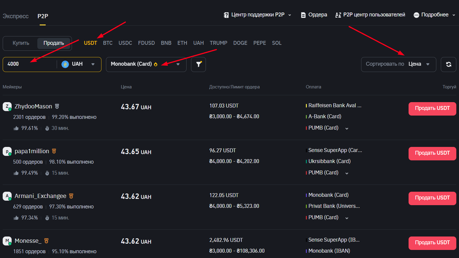 Сортировка мерчантов на Binance