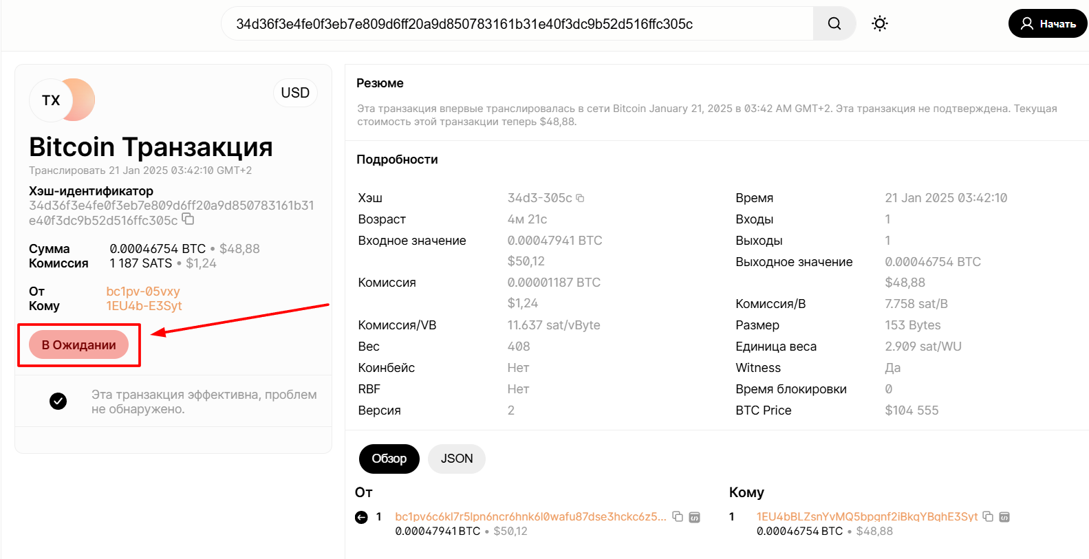 Пример проверки транзакции BTC через Blockchain.com
