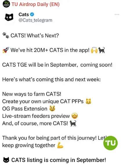 CATS Token listing, source: TU Airdrop Daily