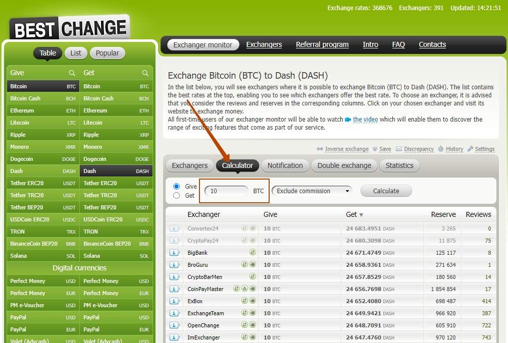 Calculator on BestChange 