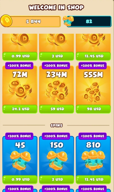 DreamCoin gold and spins shop