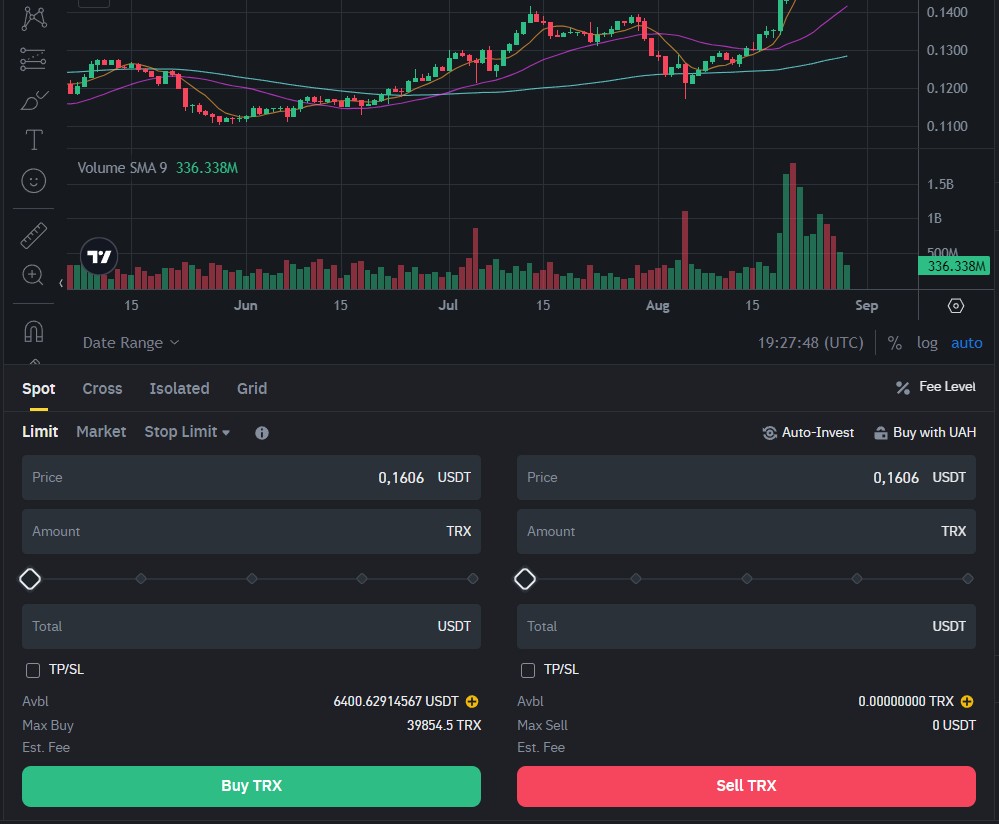 Купівля TRX у торговому терміналі Binance