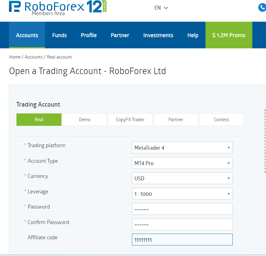 Поповнення рахунку на платформі RoboForex