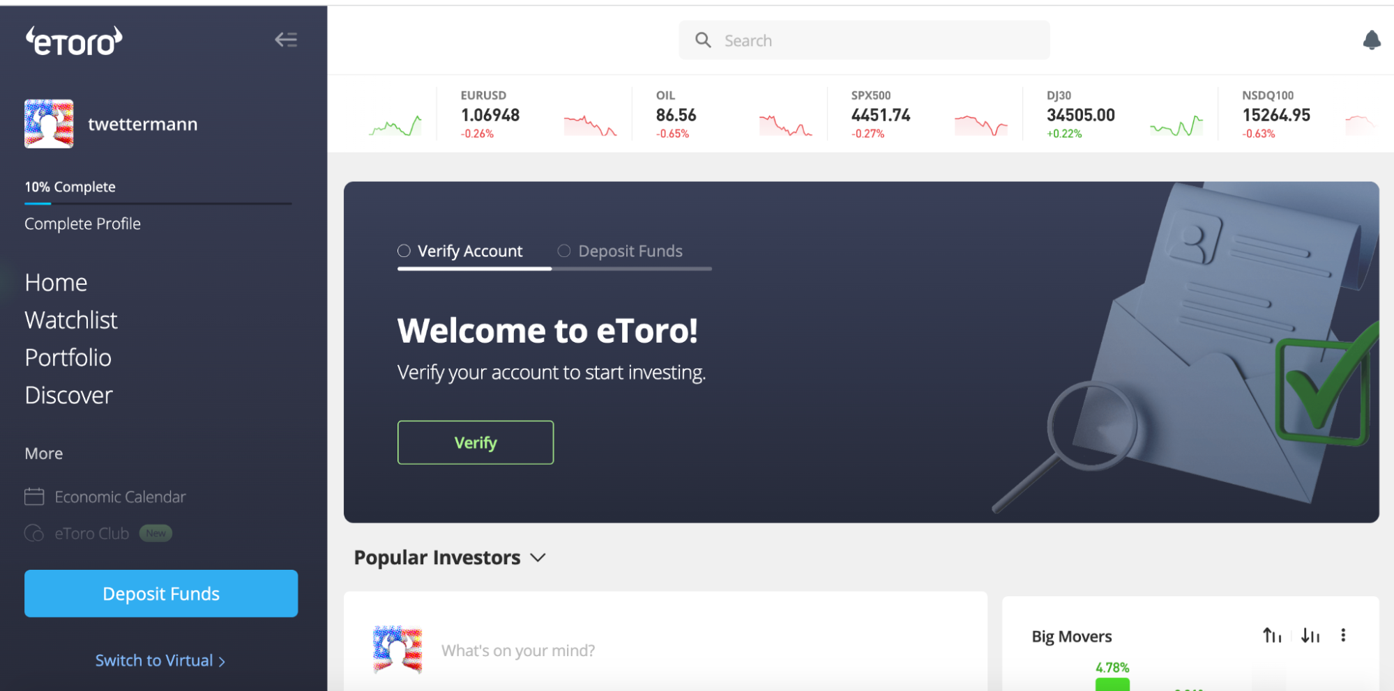 eToro platform interface
