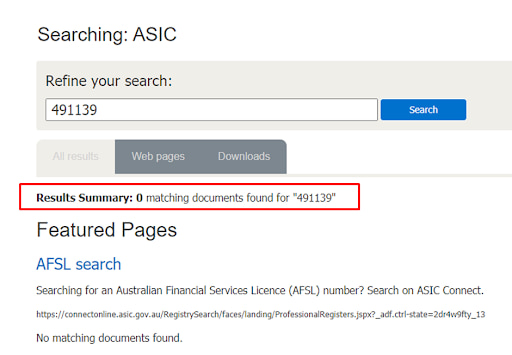 Searching for a Broker’s License on the ASIC Website — License number