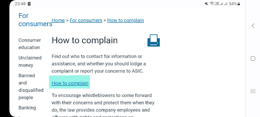 ASIC Review — Submission and consideration of complaints