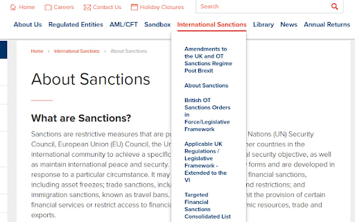 BVI FSC website sections — Sanctioned brokers list