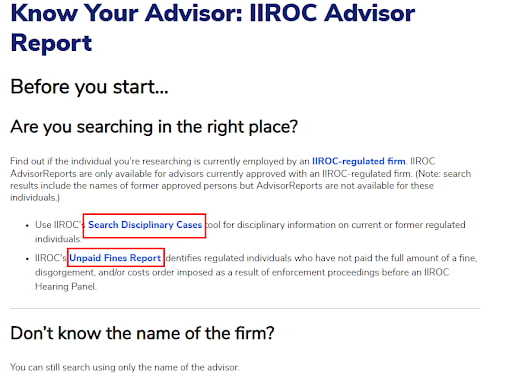 IIROC Website Sections