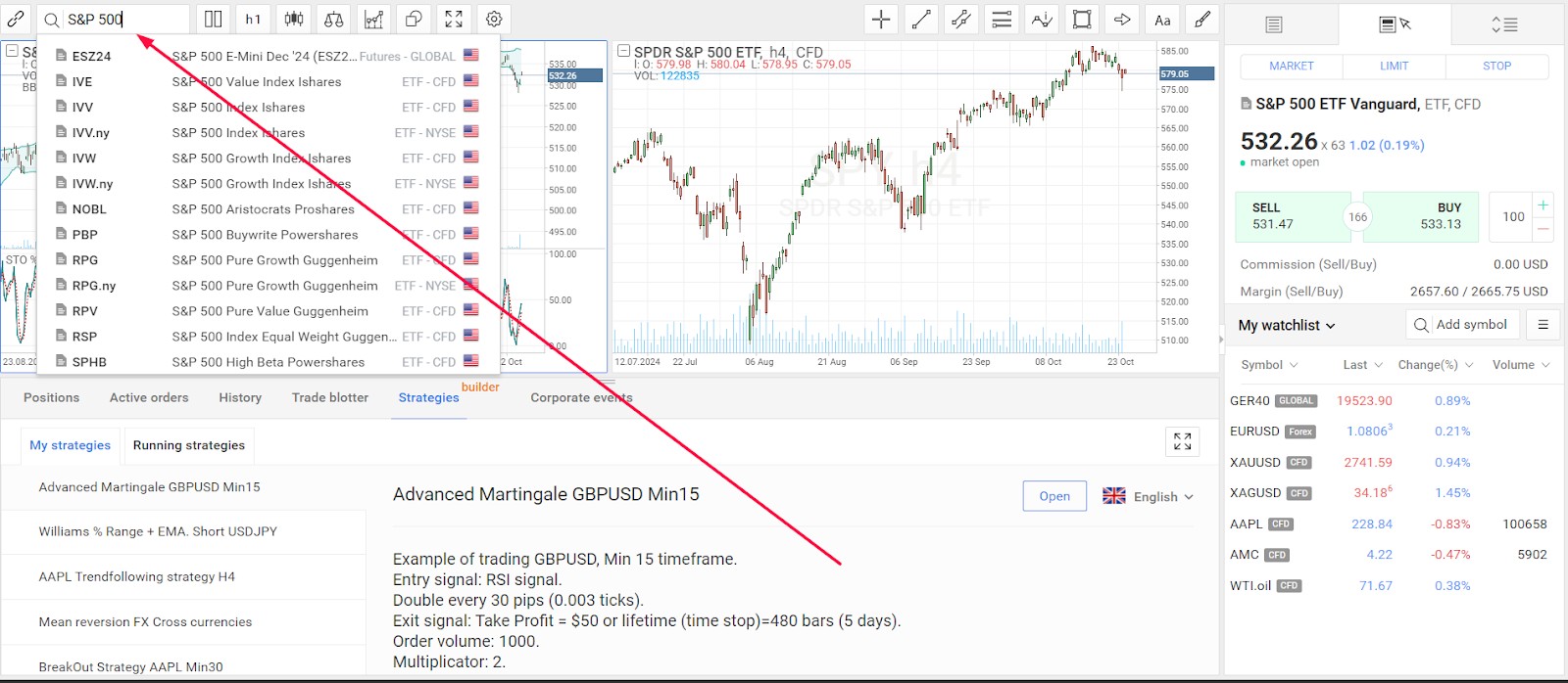 Вибір S&P 500 в терміналі R Stocks Trader брокера RoboForex