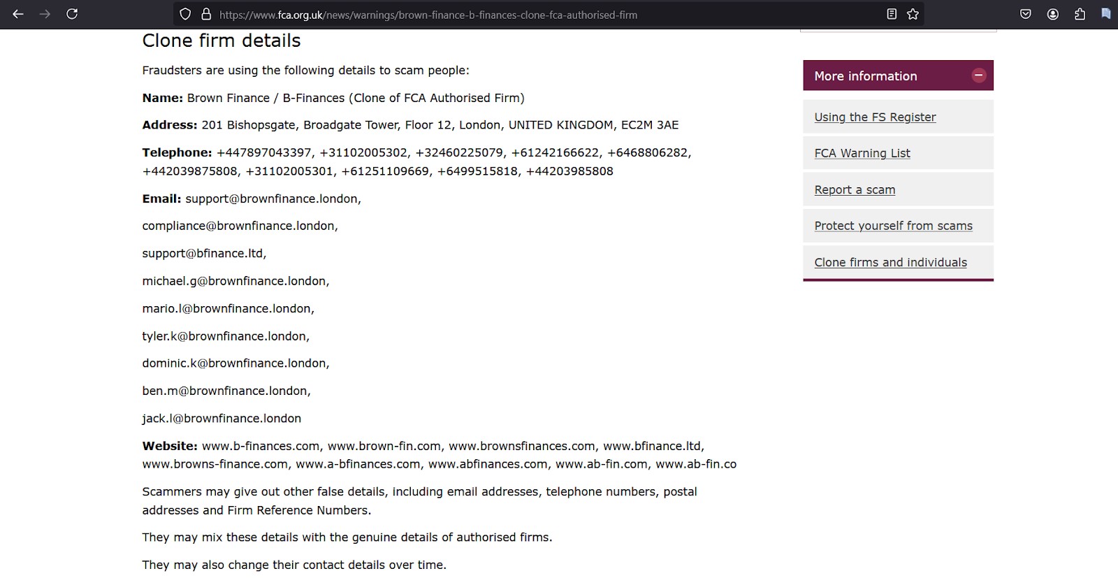 Brown Finance clone warning on FCA website