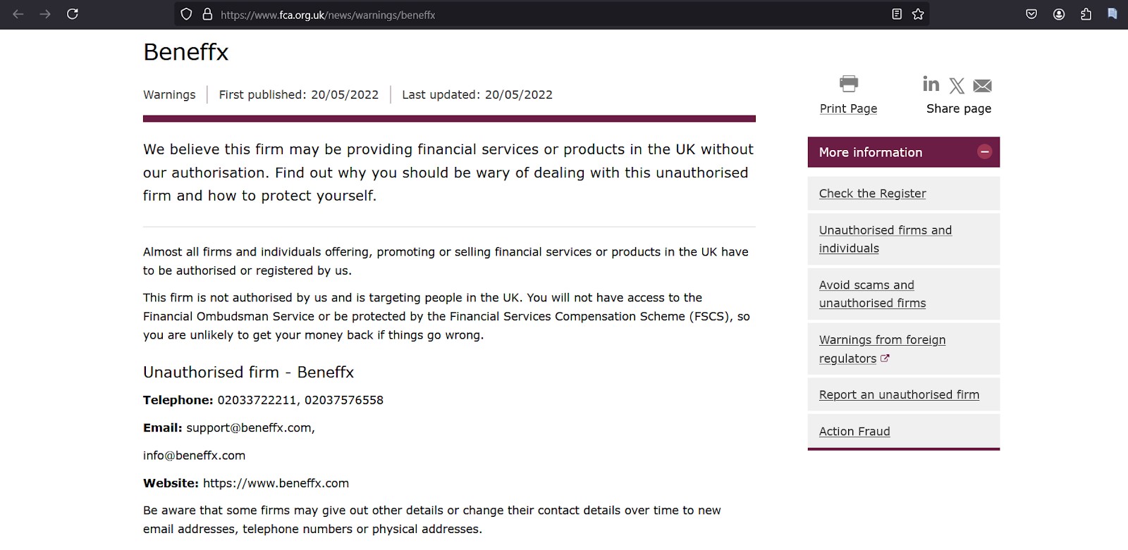 FCA unauthorized warning for BenefFX