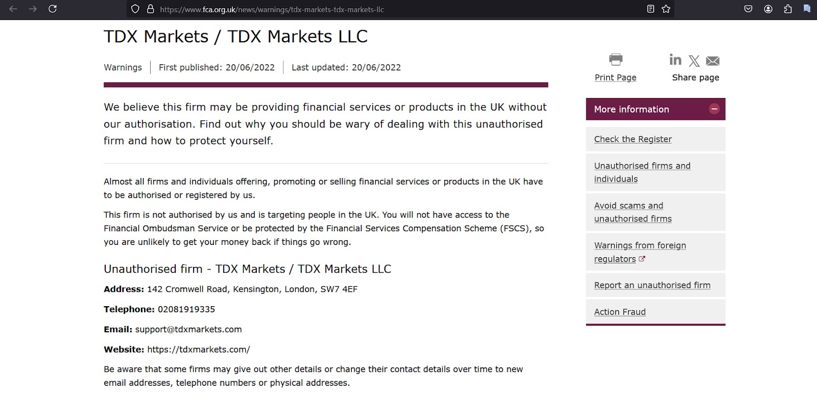 FCA unauthorized warning for TDX Markets