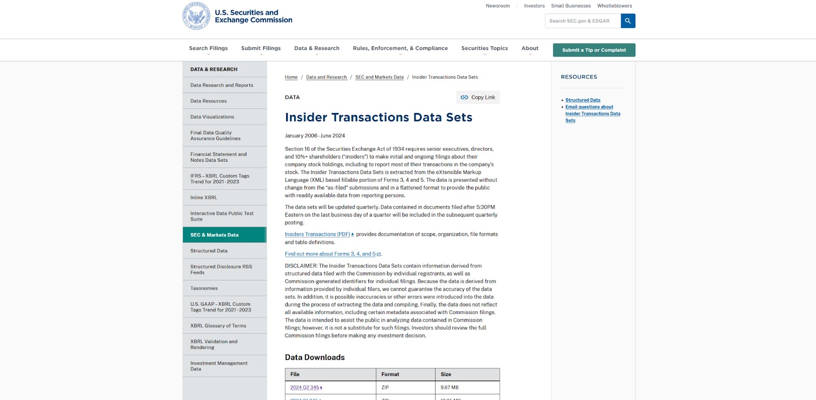 Insider transactions data sets download page
