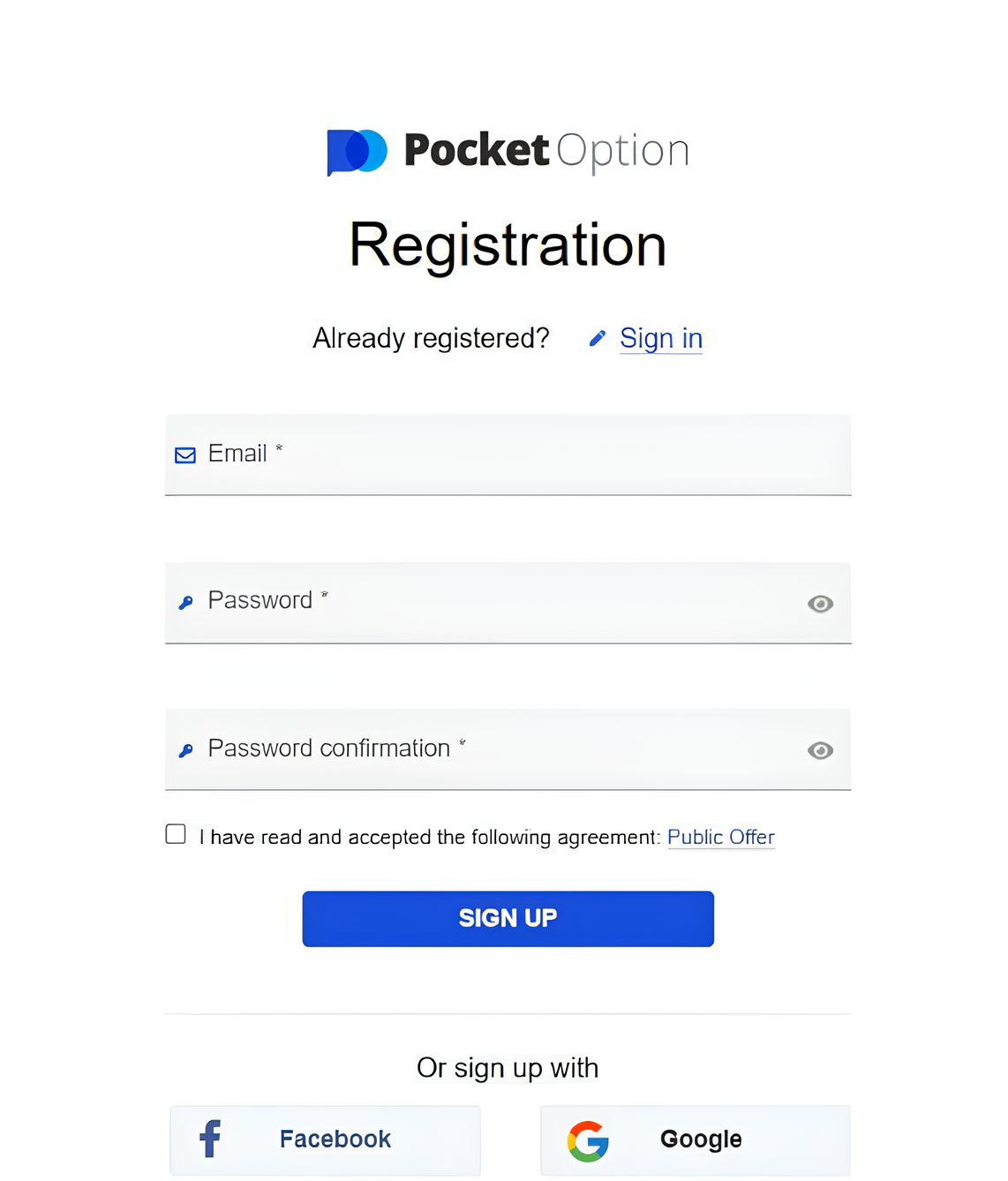 Înregistrați un cont pe PocketOption