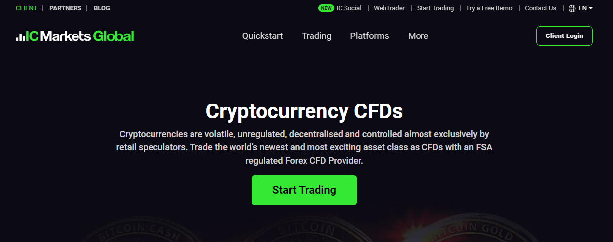 The page dedicated to crypto CFD trading on ICMarkets Forex broker's website