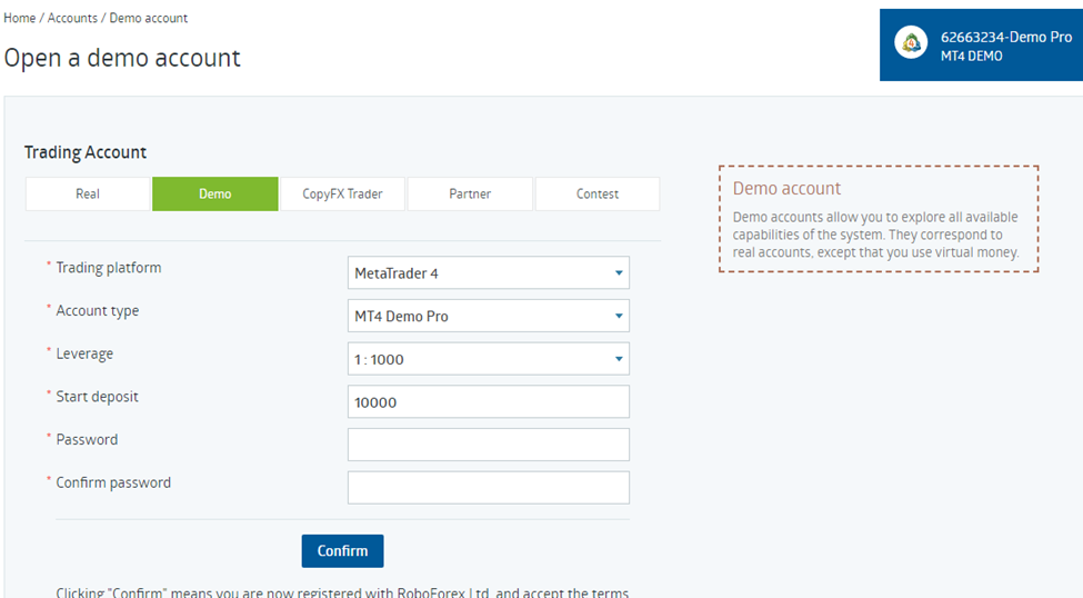 Konto demo RoboForex
