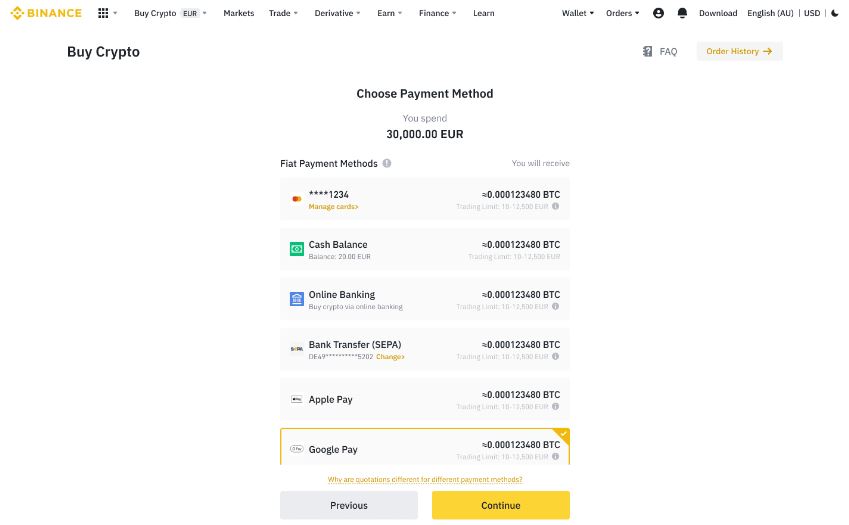 How to buy crypto on Binance using Google Pay