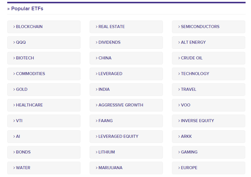 A selection of the most popular ETF categories