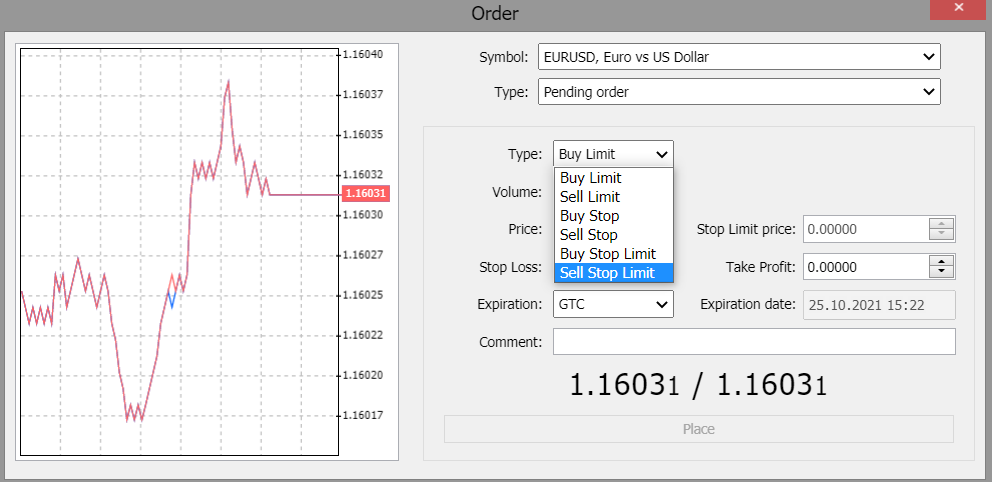 Selecting a Buy Stop Limit or Sell Stop Limit order