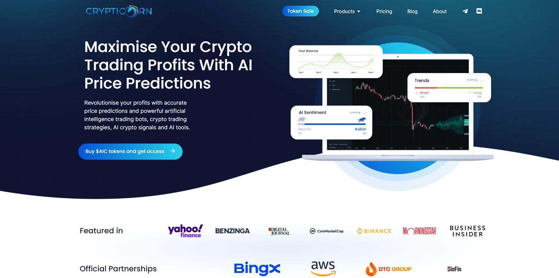 Crypticorn platform showcasing main menu and official partnerships