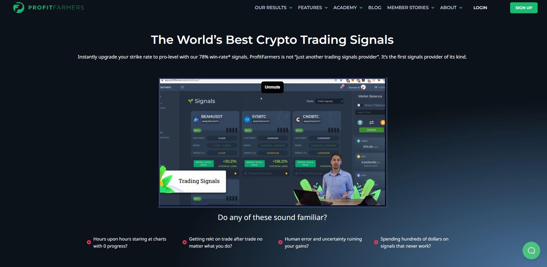 ProfitFarmers crypto trading signals page
