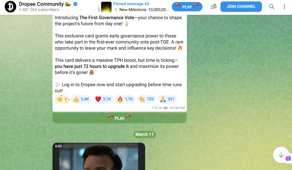 Dropee's <span translate="no">Telegram</span> channel